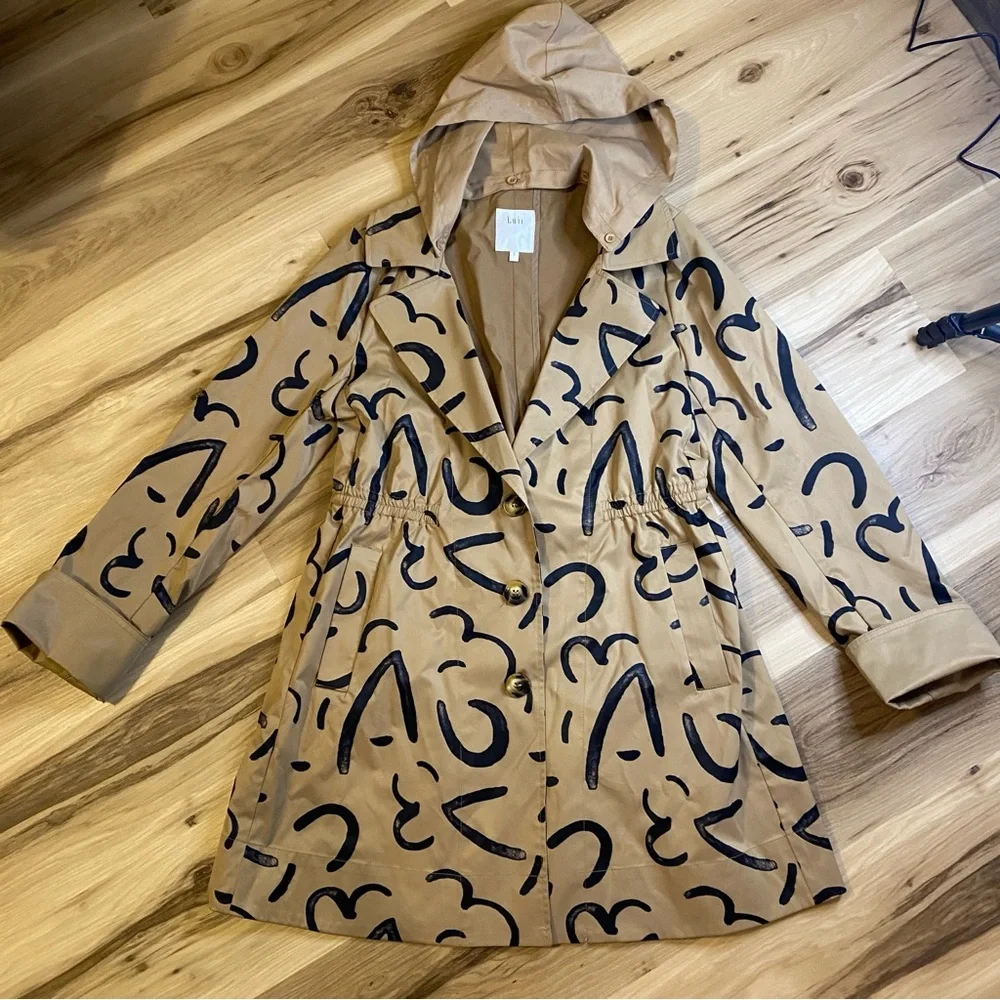 Luii Tan Khaki Abstract Graphic Print Hooded Trench‎ Coat Jacket Women Small